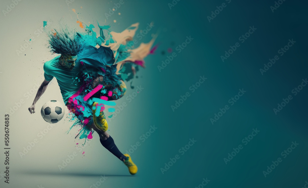 Soccer player with a graphic trail and color splash background. - obrazy, fototapety, plakaty 