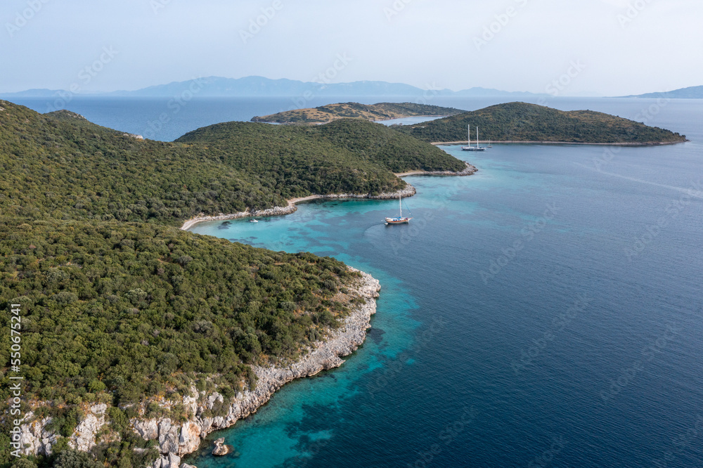 Aerial view of sailboats and luxurious yachts at the coast of Mediterranean Sea. Pine tree forest and turquoise water of Bodrum, Turkey