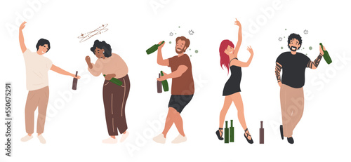 Drunk People Set, Men and Women with Alcohol, wine Bottles in their Hands. . Cartoon flat vector illustration isolated on white background. Walking Tipsy Screwed