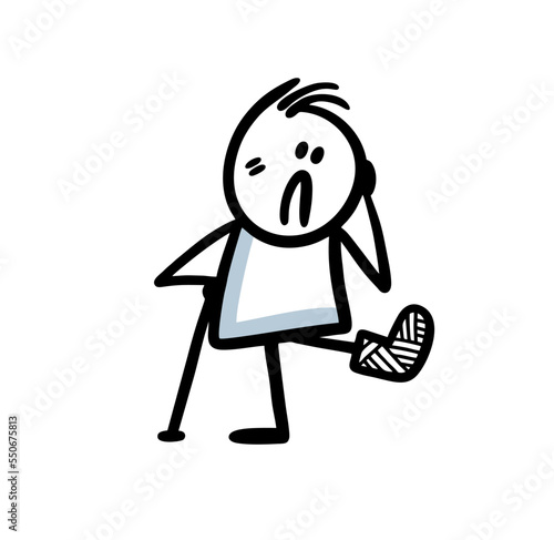 A frustrated man looks sadly at his leg in a cast and leans on a crutch.