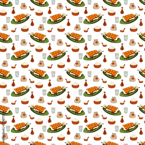Dango pattern2. Seamless pattern with Japanese sweetness dango and ingredients for its preparation. Doodle cartoon illustration.