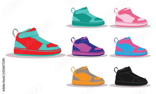 Various Shoes icons collection. Boots, sport shoes, sneakers, hiking footwear and other shoes for training. Men's and women's footwear. Vector illustration. All elements are isolated