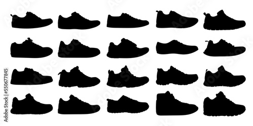 Set with 20 different 
silhouette types of men's outline shoes in vector. Doodle collection. Including gym shoes, shoes, trekking, sneakers and other.