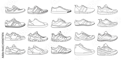 Set with different types of men's outline shoes in vector. Doodle collection. Including gym shoes, shoes, trekking, sneakers and other. 