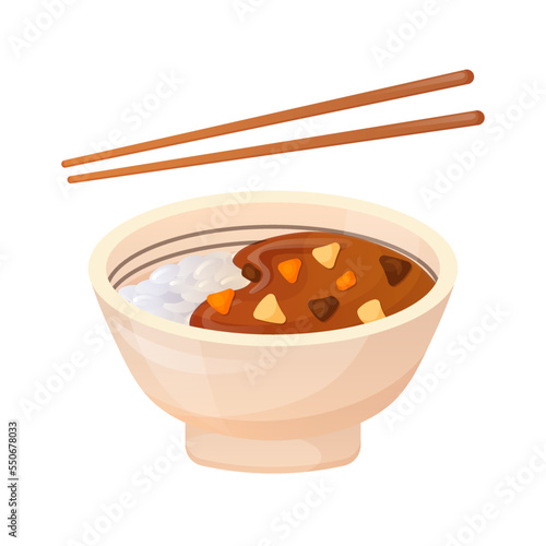 Japanese-style curry rice. Asian food in cartoon style. Colorful illustration vector on white background.