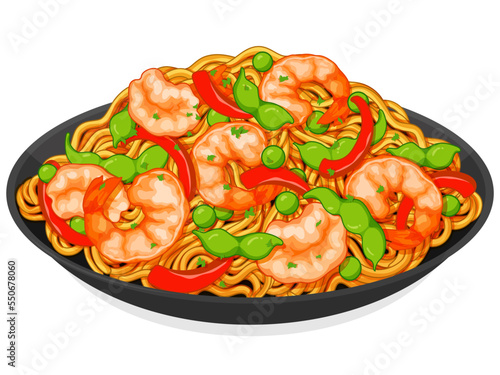 Asian Shrimp stir fry noodles recipe illustration vector.
Chinese stir fry noodles with shrimp or prawn recipe.
Japanese soba noodles with shrimp. Asian food noodle drawing.