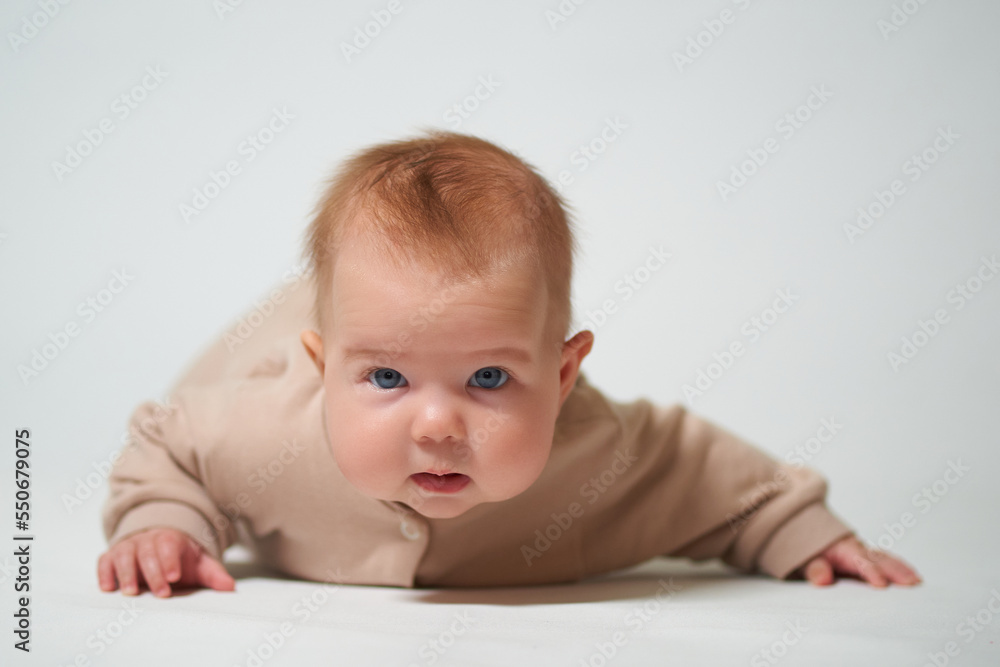 Portrait of an infant learning to crawl on a white background Portrait of an infant learning to crawl on a white background