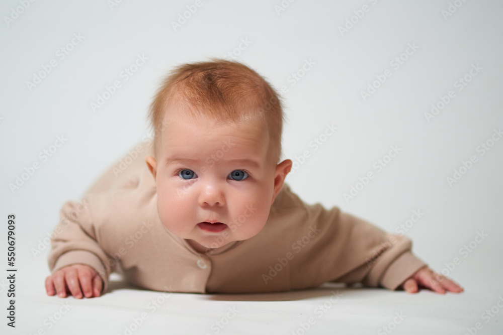 Portrait of an infant learning to crawl on a white background Portrait of an infant learning to crawl on a white background