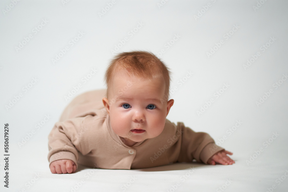 portrait of an infant looking into the camera on a white background portrait of an infant looking into the camera on a white background