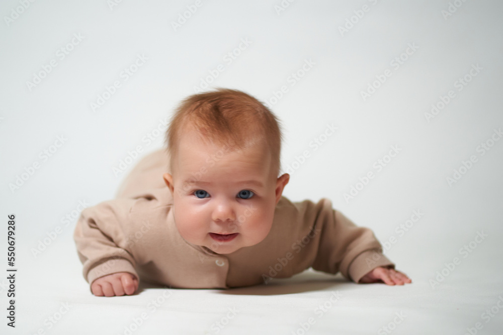 portrait of an infant looking into the camera on a white background portrait of an infant looking into the camera on a white background
