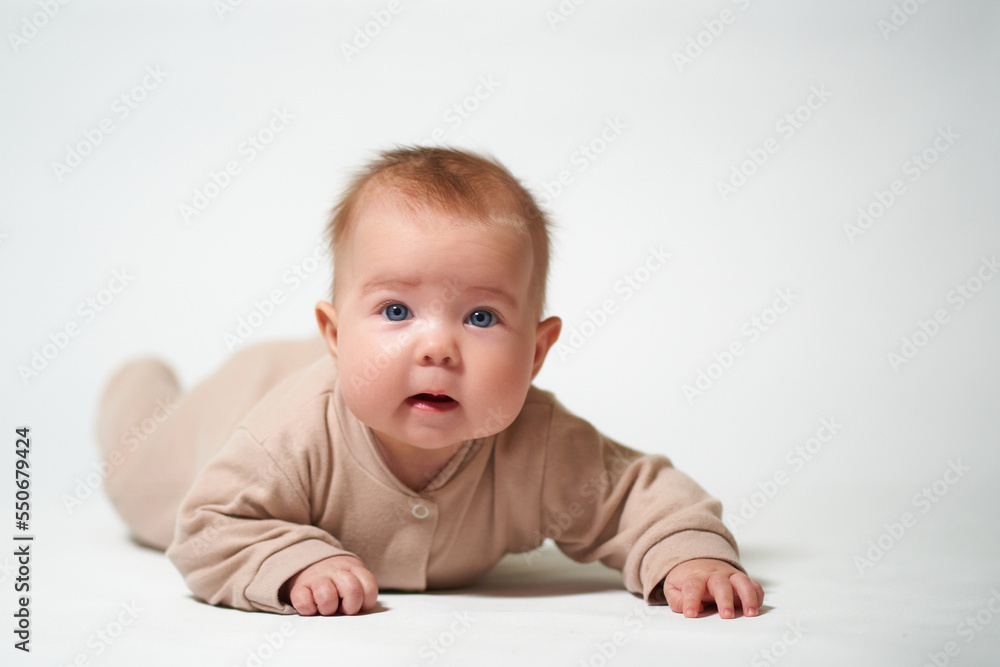 portrait of an infant learning to crawl against a white background portrait of an infant learning to crawl against a white background