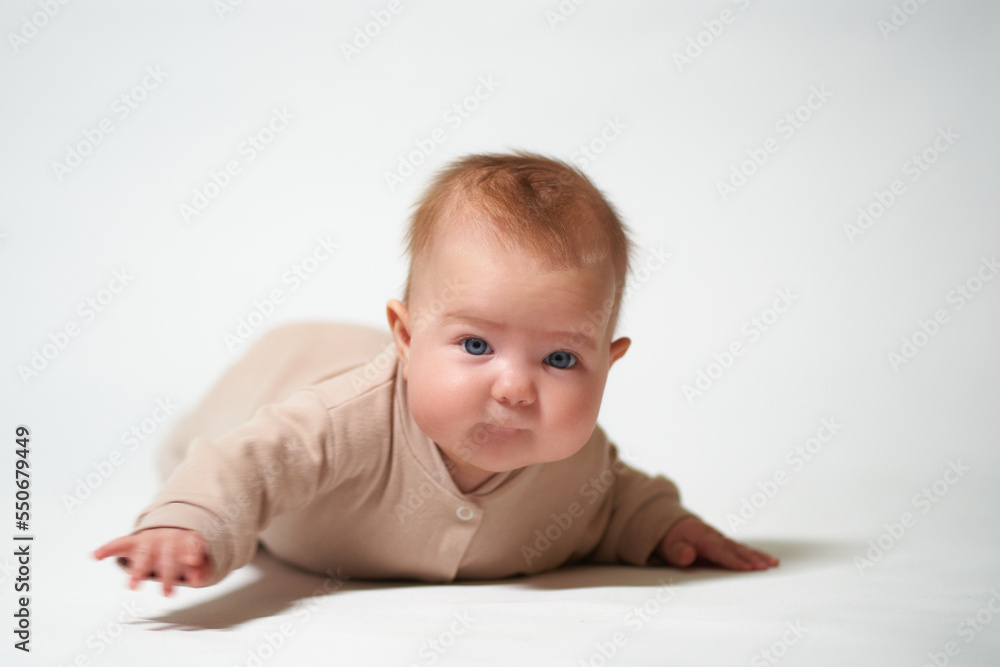 portrait of an infant learning to crawl against a white background portrait of an infant learning to crawl against a white background