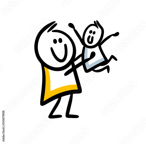A mother holds her little child at arms length and smiles sweetly.