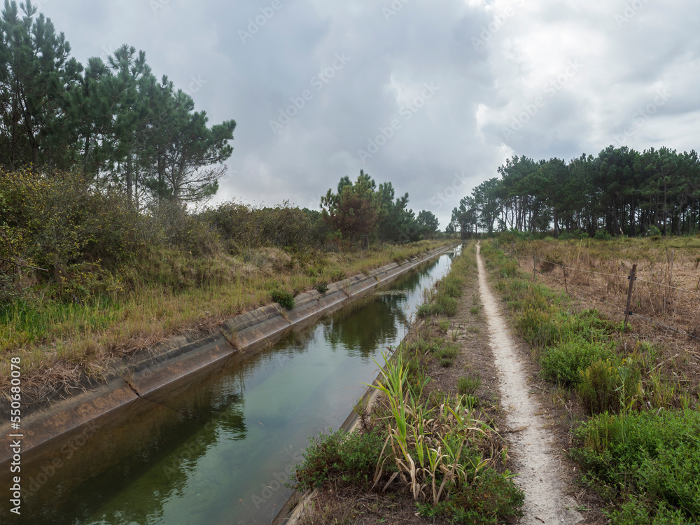 Footpath of hiking trail Rota Vicentina along water irrigation canal. Pine trees and green bushes