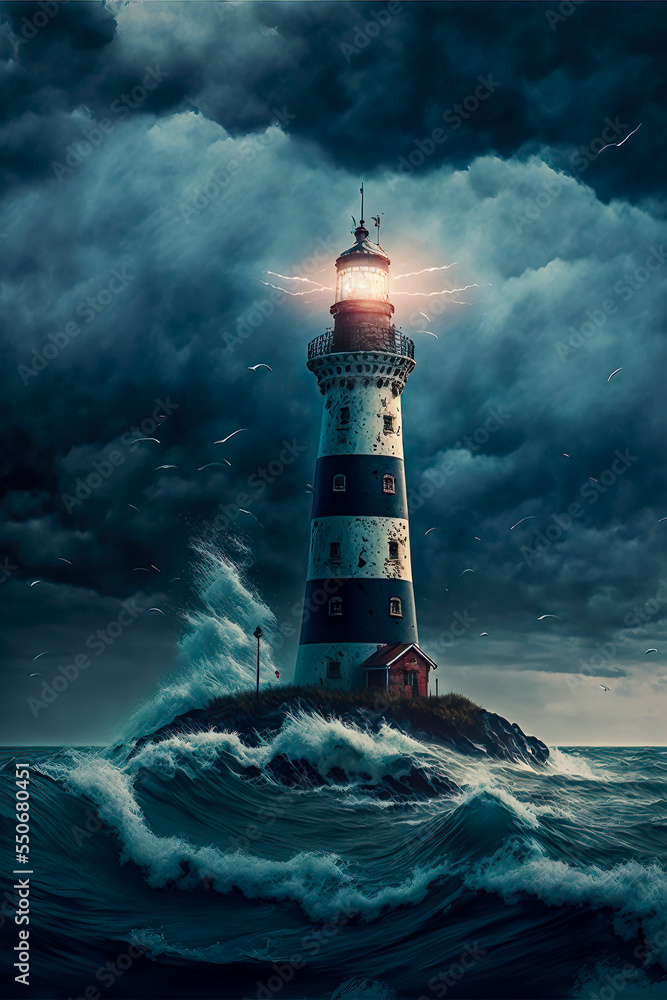 Scenic Lighthouse on a lonely island during a storm 4k hdr ocean scene