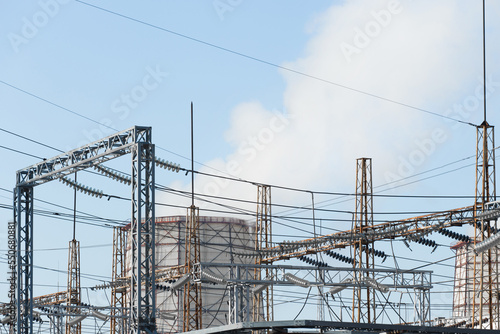 Electricity power plant industry station energy tower industrial electric factory technology environment cooling pollution steam