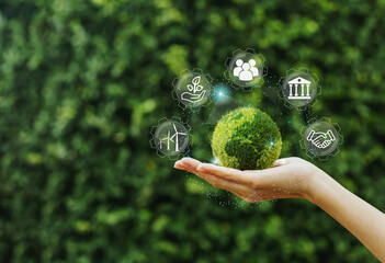 Hand of girl holding green earth for Environmental Social and over the Network connection on nature background, technology ecology. World sustainable environment concept.	