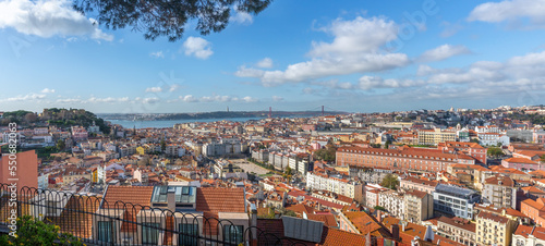 Panoramic aerial view of Lisbon from Miradouro da Nossa Senhora do Monte Viewpoint - Lisbon, Portugal