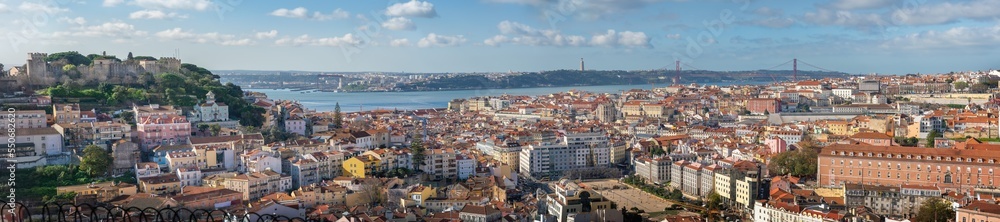 Panoramic aerial view of Lisbon skyline with all main landmarks - Lisbon, Portugal