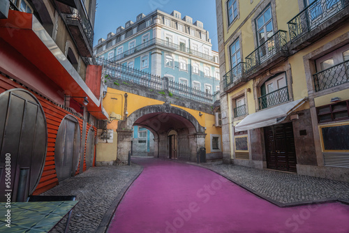 Fototapeta Naklejka Na Ścianę i Meble -  Pink Street (Rua Cor de Rosa) at Cais do Sodre - Lisbon, Portugal