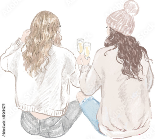 Two girls best friends celebrating Christmas, watercolor illustration