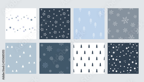 Set of seamless winter, Christmas and New Year patterns of snowflakes, Christmas trees, stars 