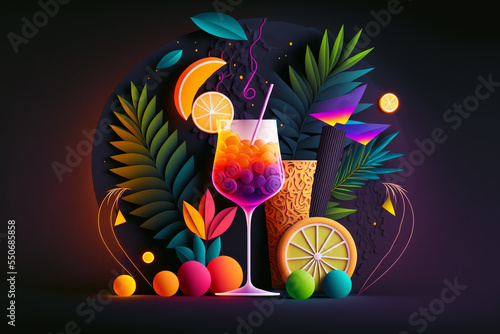 beautiful illustration paper craft style of cocktail and mocktail with fresh fruit in neon tone color  © quietword