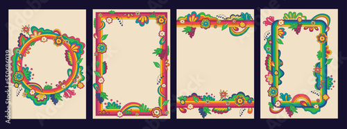 Psychedelic Retro Style Floral Frames Set. Vintage Botanic Borders 1960s Design Backgrounds