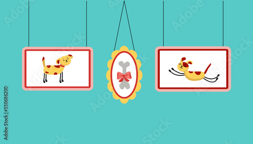 Frames with photos, pictures, drawings. Cartoon Animals, pets, dog . Portraits in frames. Picture gallery, photo album.  A set of various color photographs. Vector Graphics. Cartoon illustration.