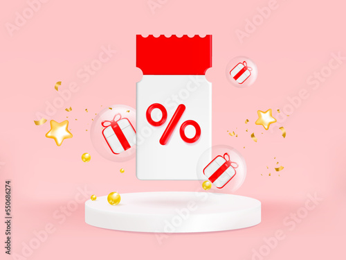 3D Gift voucher with coupon Percentage. For business promotion sales and Discount online purchases. Tag label, banner with gift box and golden star isolated. 3d rendering.