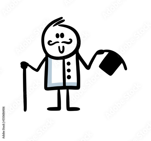 A man with a retro moustache in an old style takes off his top hat in greeting.