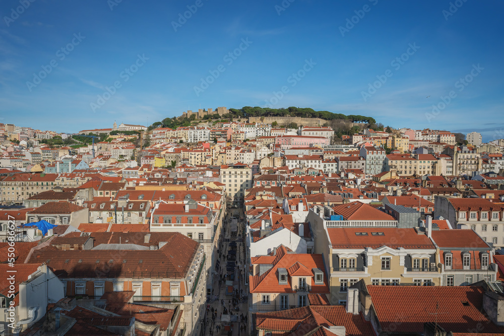 Aerial view of Lisbon with Saint George Castle (Castelo de Sao Jorge) and Rua de Santa Justa Street - Lisbon, Portugal