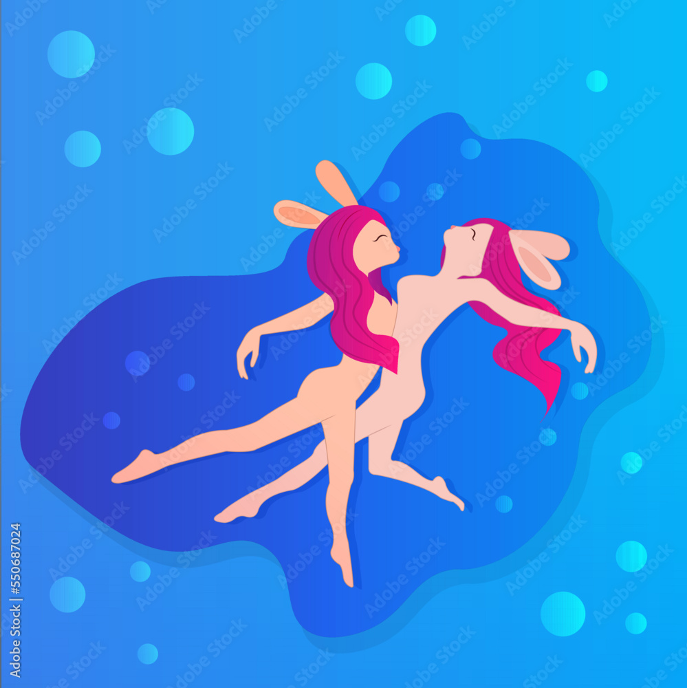 Two bunny girls with pink hair fly and swim in the water. Beauty, love and tenderness Two bunny girls with pink hair fly and swim in the water. Beauty, love and tenderness