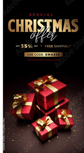 Vertical Christmas sale banner. Special price, offer advertisement template. 3d illustration of red gift boxes with gold ribbon on black background. 35% OFF.