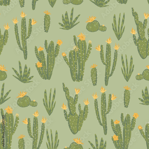 Cactus abstract ornament. Exotic desert cacti, wild plants, prickly succulents in flat style. Bright botanical vector seamless pattern.