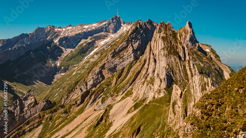The Saentis summit and the Altenalptuerm mountains at the famous Ebenalp, Appenzell, Alpstein, Switzerland