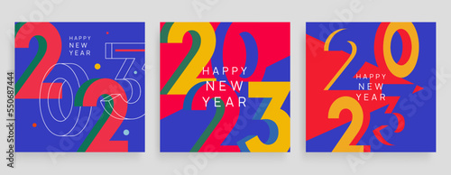 Happy New Year 2023 colorful composition for social media cards. Trendy holiday typography logo 2023 for season Christmas decoration.