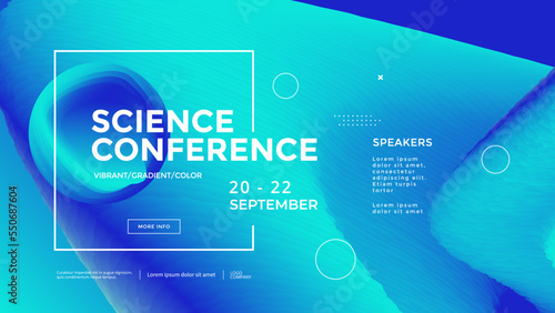 Science Conference wide poster design template. Blue technology background. Modern seminar page with color shape. Vector banner gradient trendy illustration.