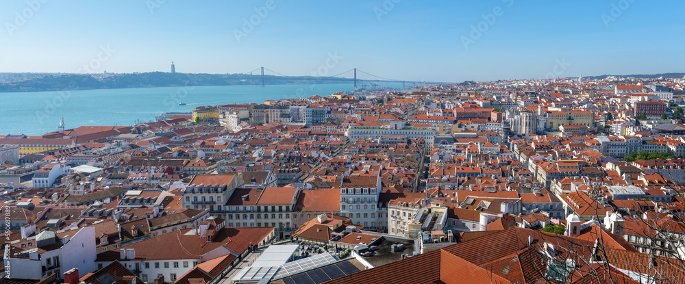 Panoramic aerial view of Lisbon city with Tagus River (Rio Tejo) - Lisbon, Portugal