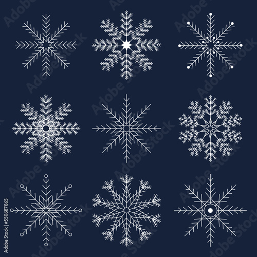 Cute snowflake collection isolated on blue background. Flat snow icons, snow flakes silhouette. Nice snowflakes for christmas banner, cards