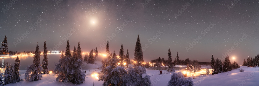 Snowy winter landscape with frozen lake at night Snowy winter landscape with frozen lake at night