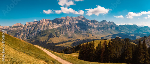 High resolution stitched panorama at the famous Kronberg mountains, Appenzell, Alpstein, Switzerland © Martin Erdniss