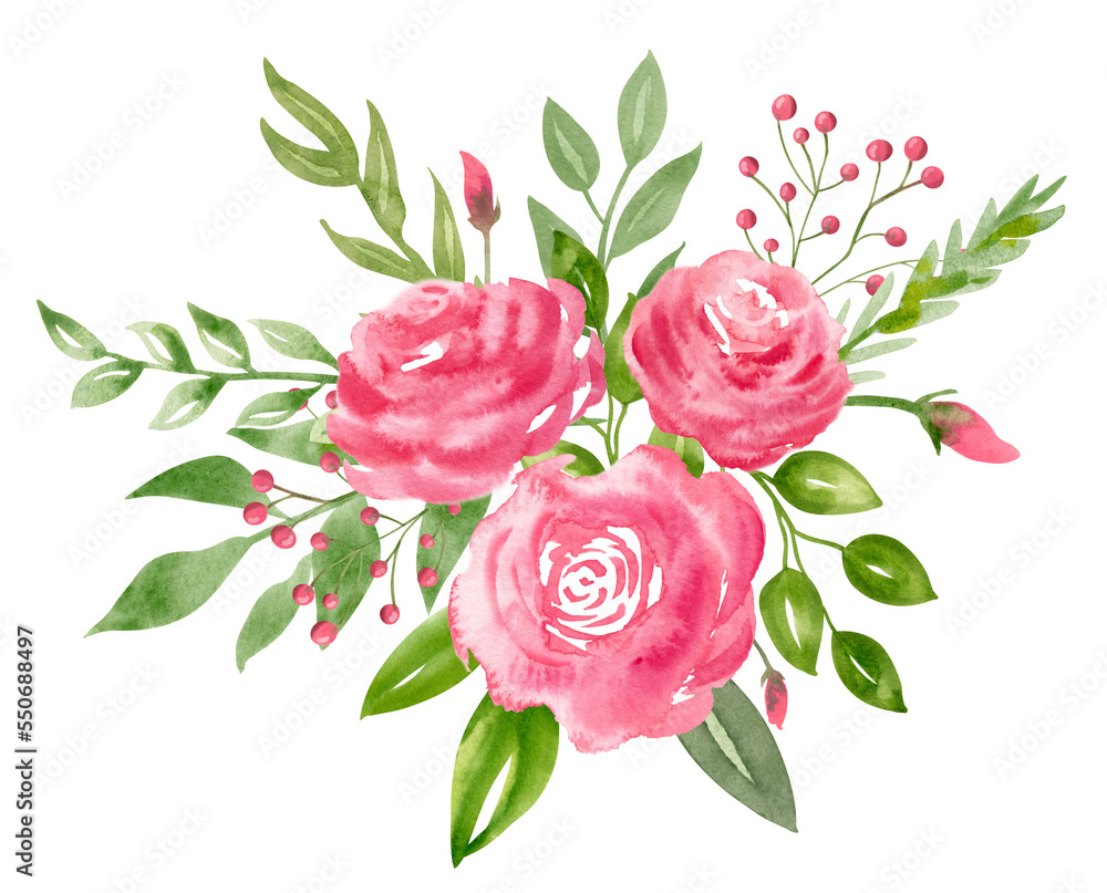 Watercolor abstract Bouquet with Pink Roses and green leaves. Hand drawn floral illustration for greeting cards or invitations on isolated background in vintage style. Botanical composition