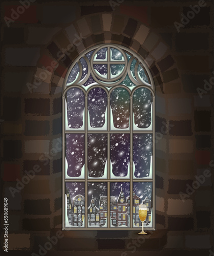 Merry Christmas winter gothic window with champagne,  city background, vector illustration