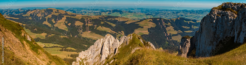 High resolution stitched panorama of a beautiful alpine summer view at the famous Ebenalp, Appenzell, Alpstein, Switzerland