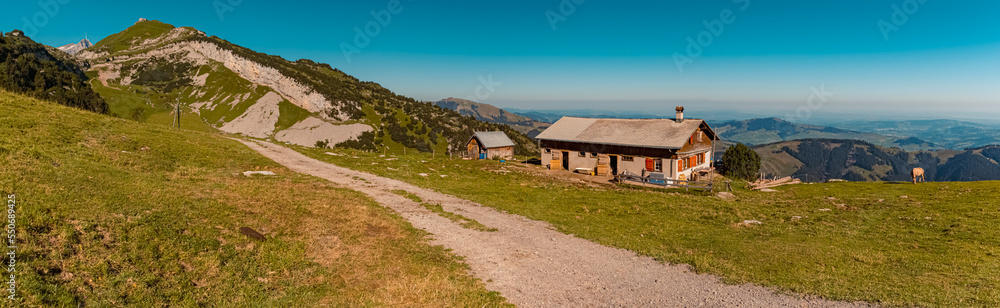 High resolution panorama of the Schaefler mountain inn and the Saentis summit at the famous Ebenalp, Appenzell, Alpstein, Switzerland High resolution panorama of the Schaefler mountain inn and the Saentis summit at the famous Ebenalp, Appenzell, Alpstein, Switzerland