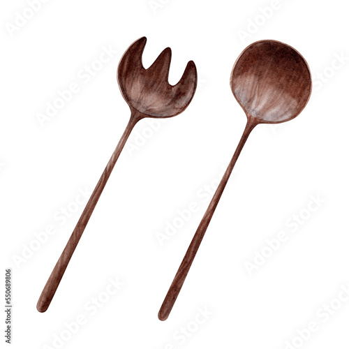 Wooden salad spoon and fork Watercolor. Set. Illustration for clipart. Designed for menus, culinary blogs, packaging, textiles, web design, sites, stickers, invitations, patterns, logos. Drawn by hand