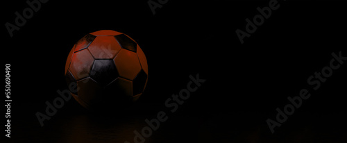 Soccer ball over dark background, 3d render, panoramic image