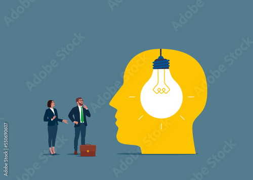 Business idea growth using guidance and coaching to implement in employee head. Flat modern vector illustration