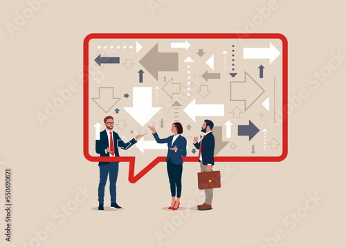 People or couple talk or have lively discussion in office. Productive dialogue or conversation between man and woman. Searching for direction at arrows pointing to many directions. Vector illustration